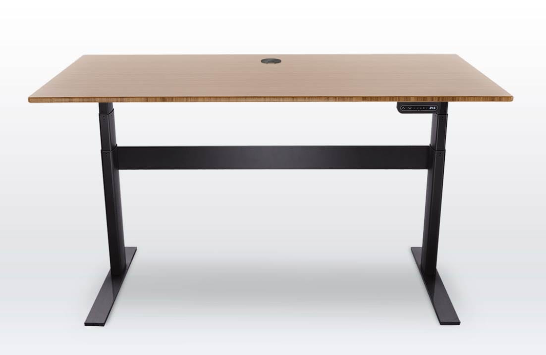 brown standing desk with black legs
