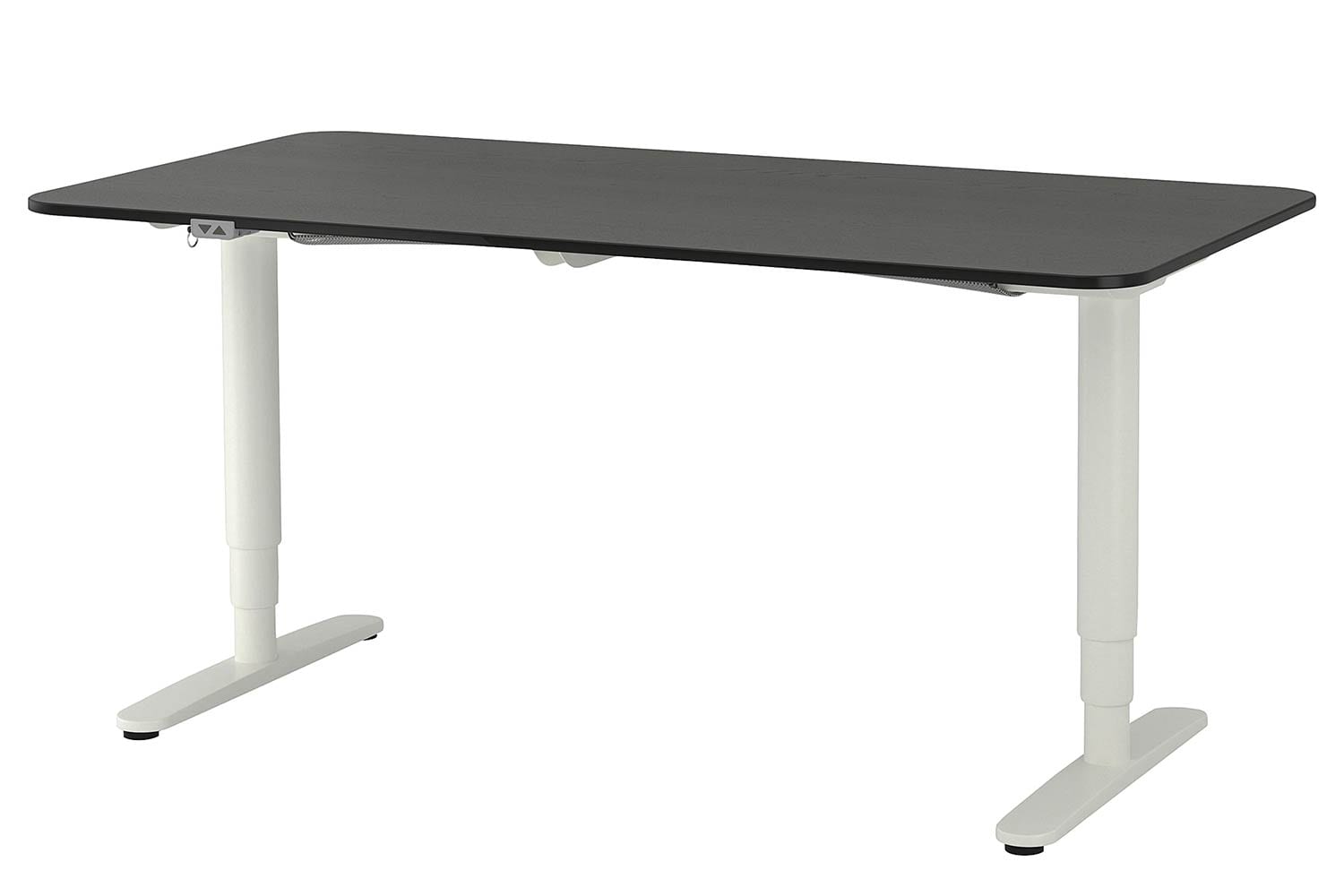 black standing desk with white legs