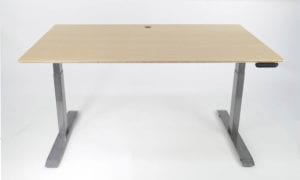bamboo desk with silver frame and control panel
